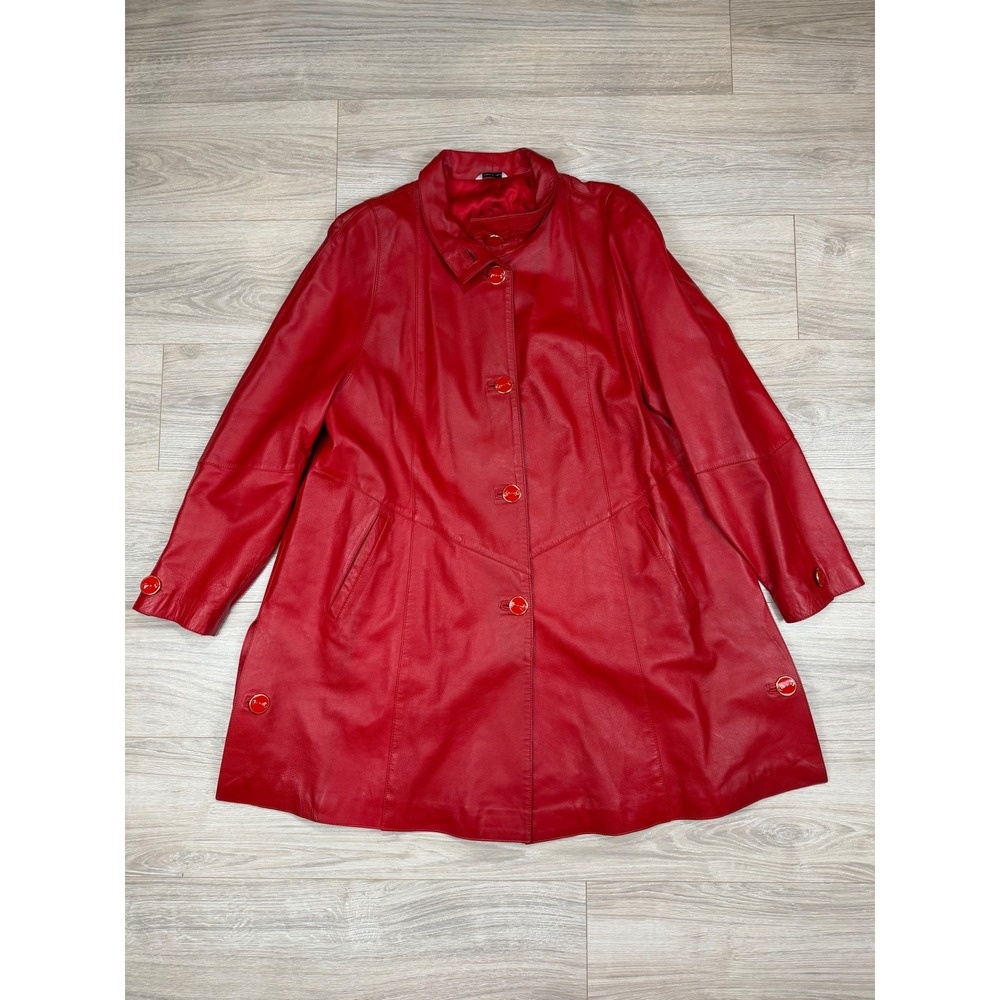 M Firenze Red Leather Coat Made in Italy Button Front Car Coat Womens 46‎ IT